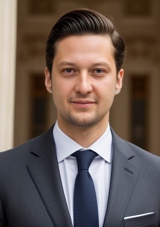 Man in a suit with dark hair standing outdoors in front of a building.