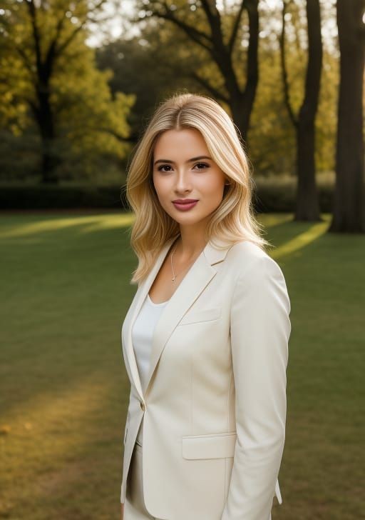 Person in a white suit standing outdoors on a grassy area with trees in the background.