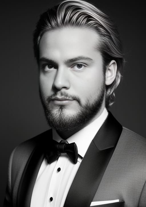 Black and white portrait of a man with a beard wearing a tuxedo and bow tie.